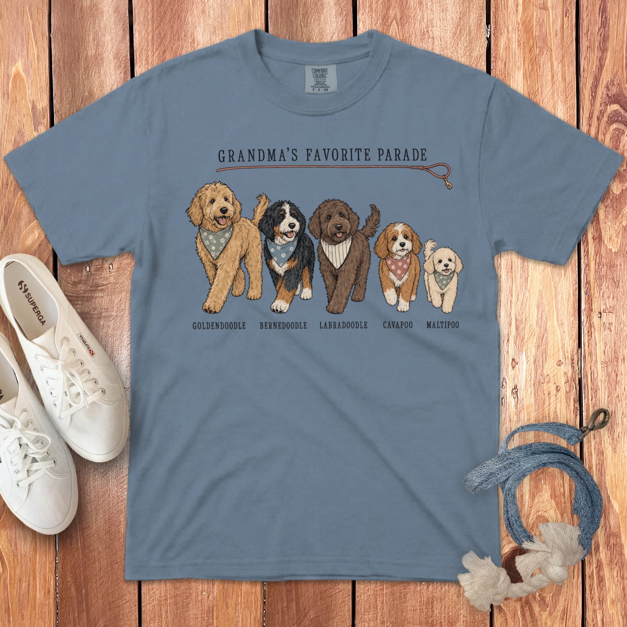 Grandma Doodle Parade Signature T-Shirt in S / Blue Jean by Puppy Jo