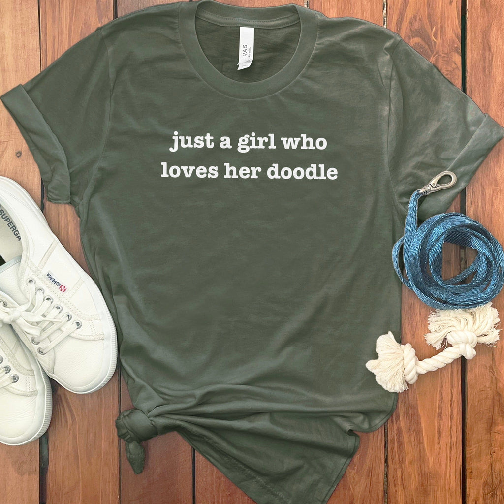 Just A Girl Doodle T-Shirt in Military Green / S by Puppy Jo