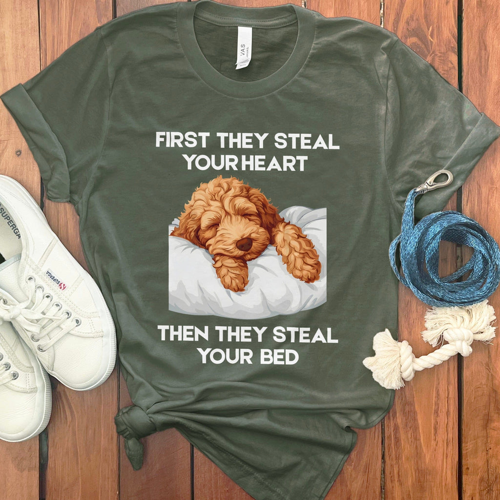 Labradoodle Goldendoodle Steal Bed T-Shirt in Military Green / S by Puppy Jo