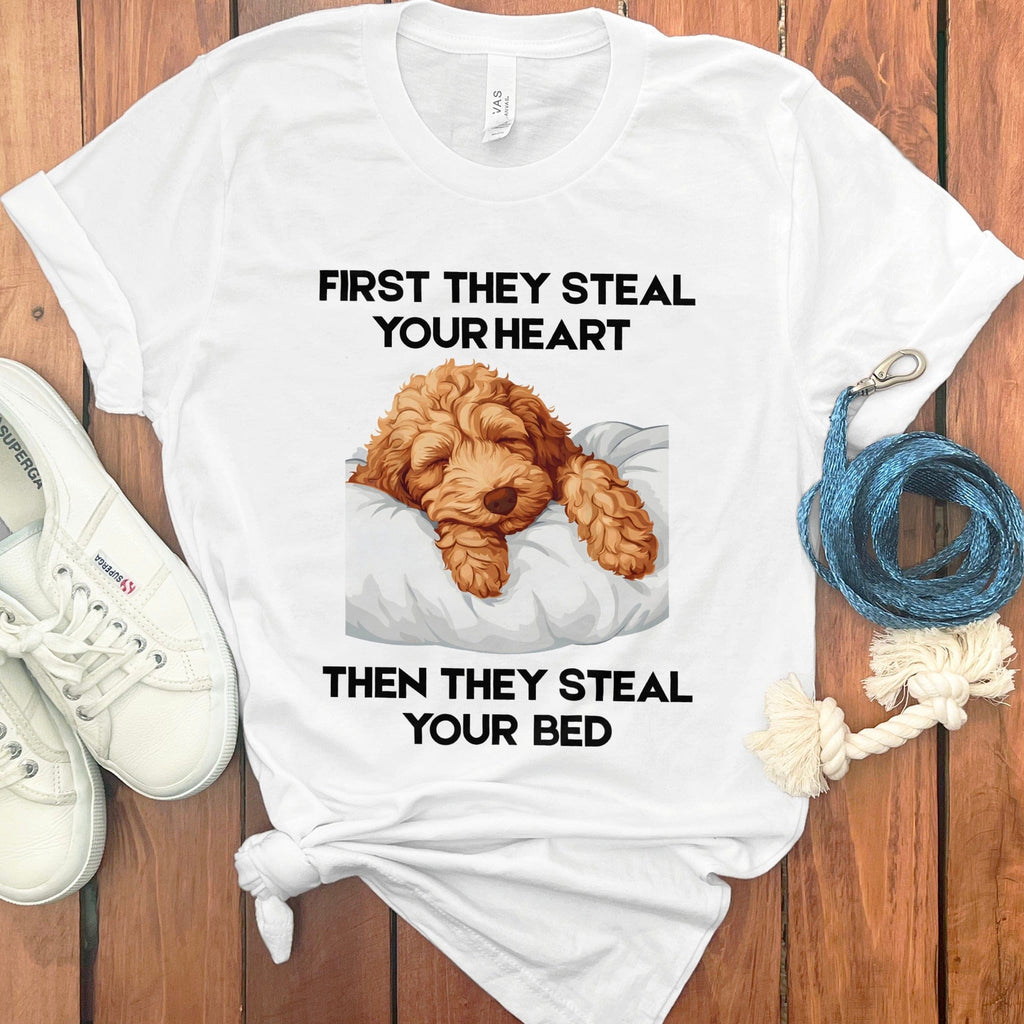 Labradoodle Goldendoodle Steal Bed T-Shirt in White / S by Puppy Jo