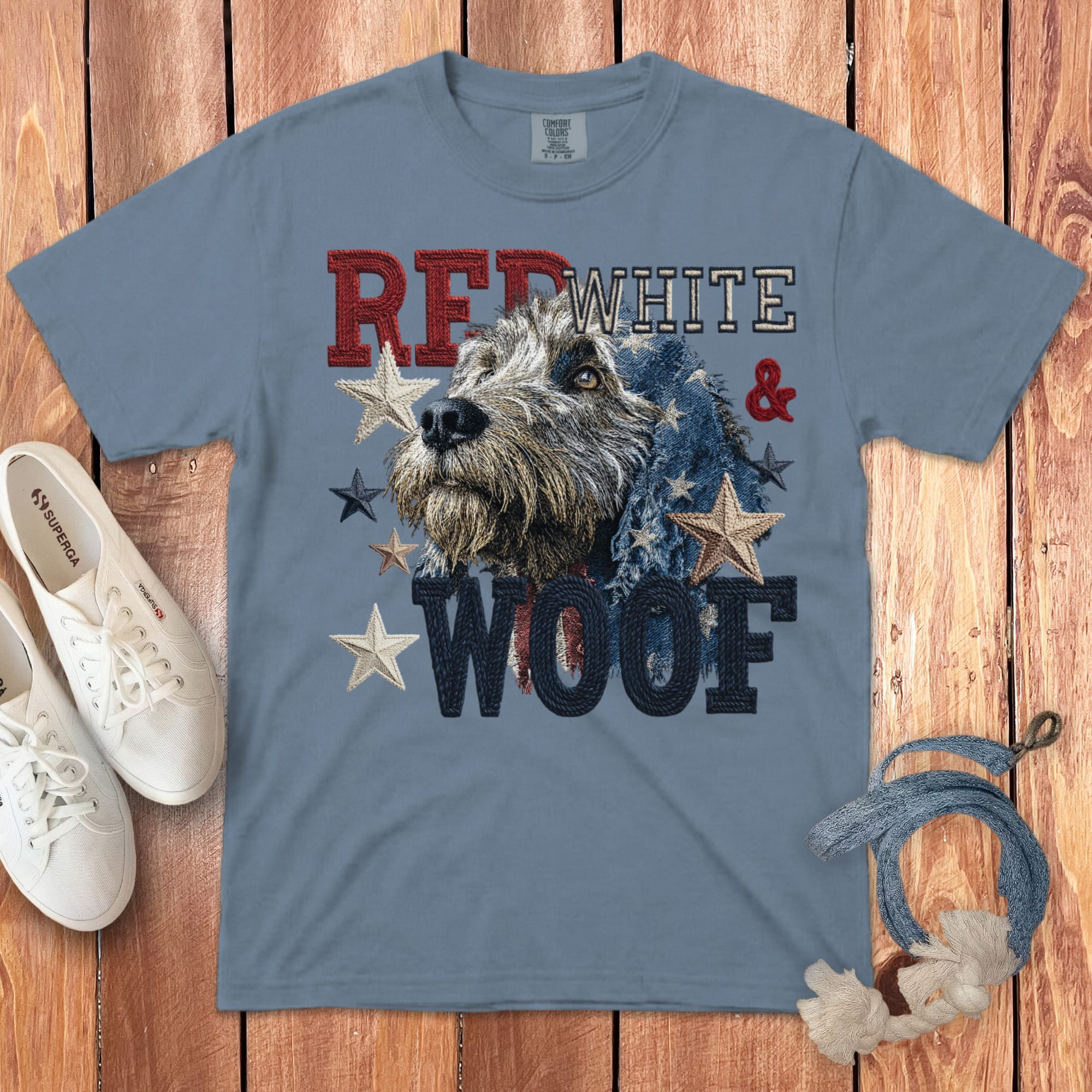 Labradoodle Red White Signature T-Shirt in Blue Jean / M by Puppy Jo