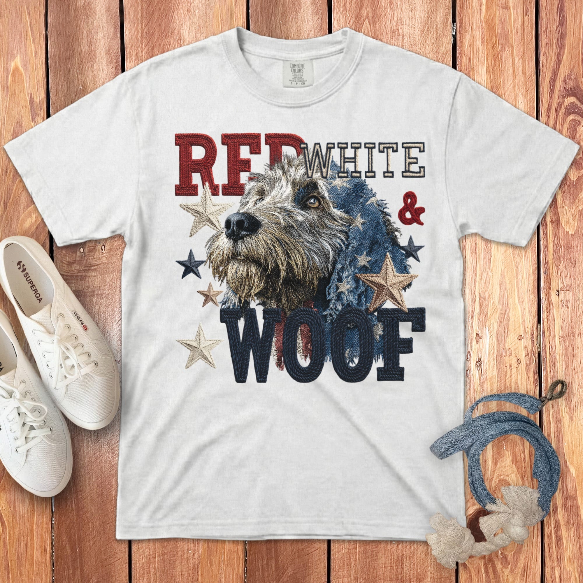 Labradoodle Red White Signature T-Shirt in White / M by Puppy Jo