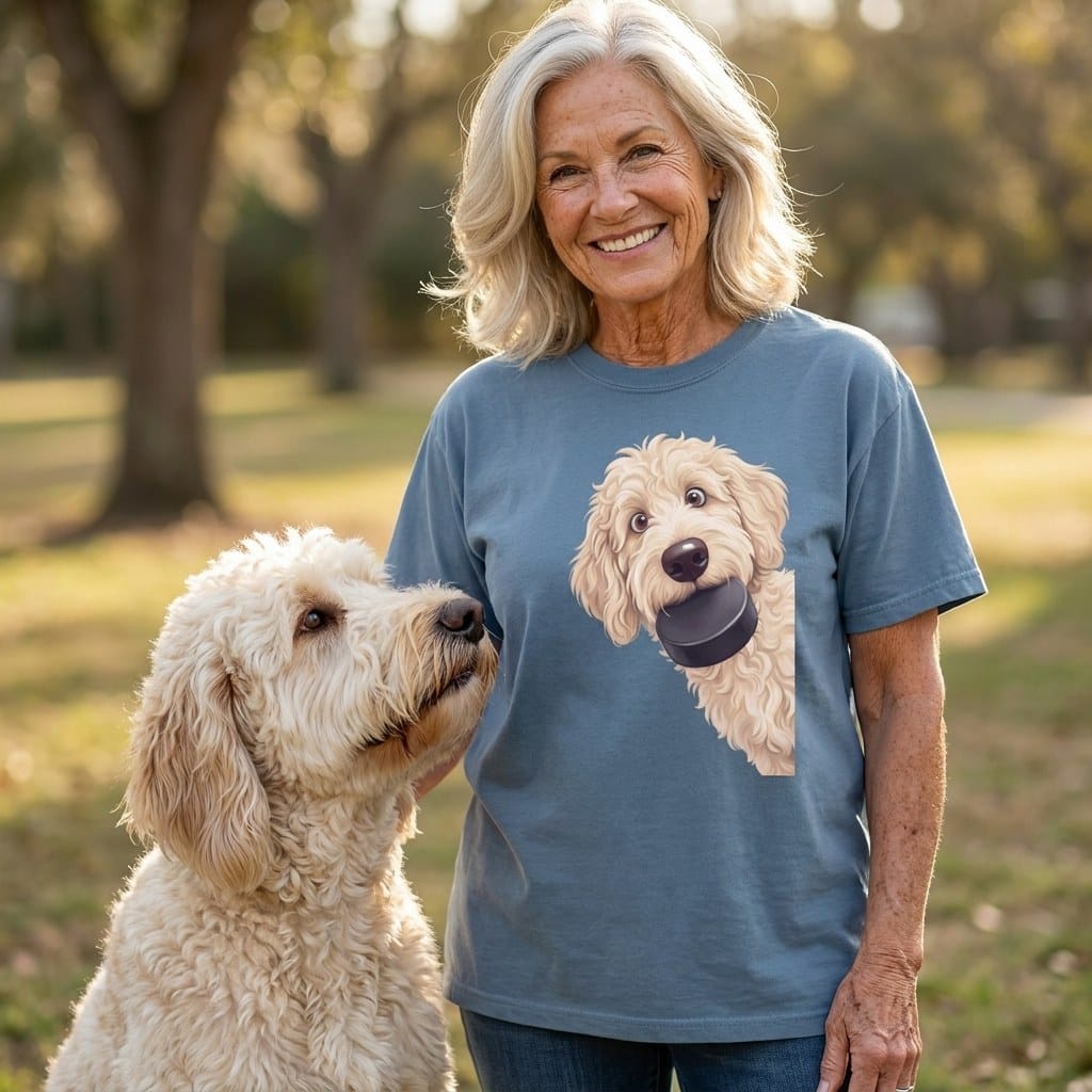 Cream Goldendoodle Hockey Puck Signature T-Shirt in by Puppy Jo