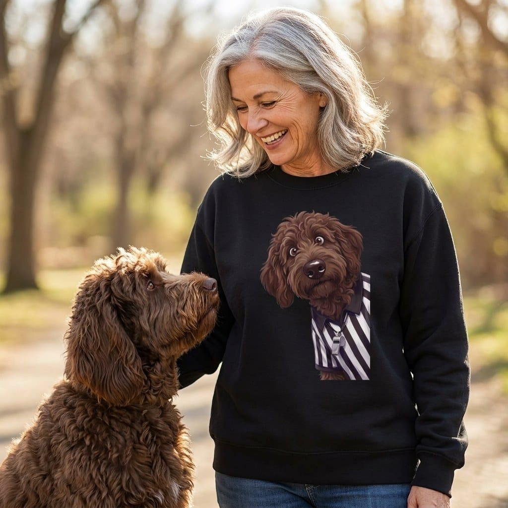 Chocolate Goldendoodle Football Referee Sweatshirt in by Puppy Jo