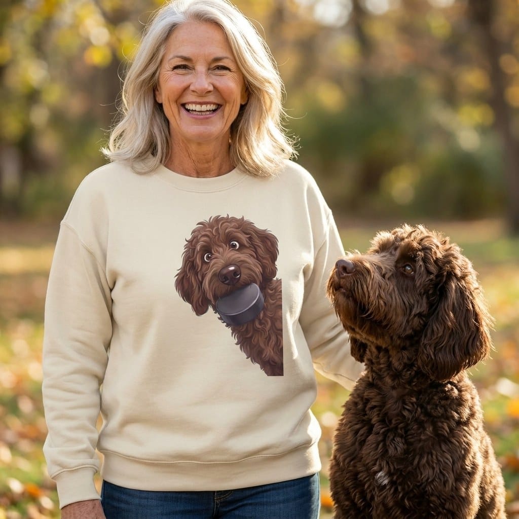 Chocolate Goldendoodle Hockey Puck Sweatshirt in by Puppy Jo