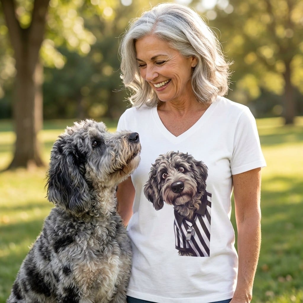 Merle Goldendoodle Football Referee V-Neck T-Shirt in by Puppy Jo