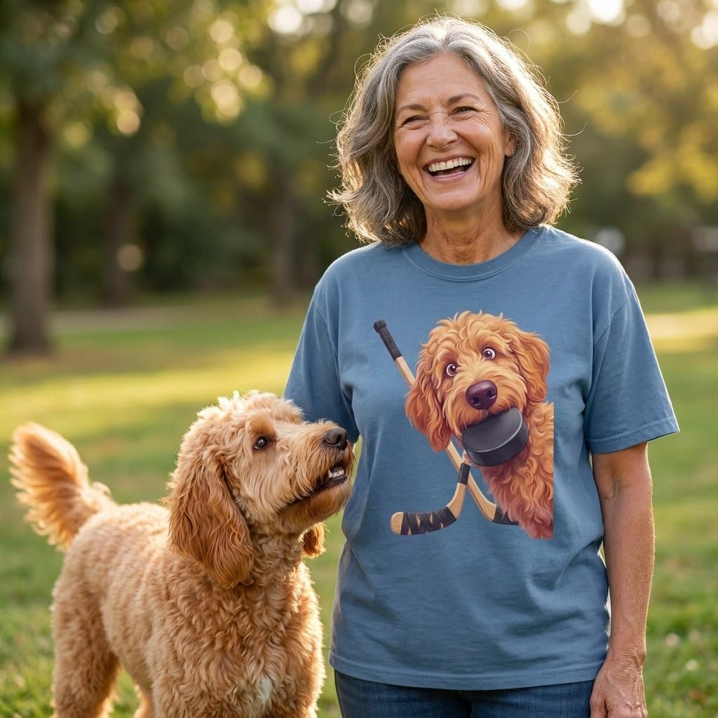 Apricot Goldendoodle Hockey Signature T-Shirt in by Puppy Jo