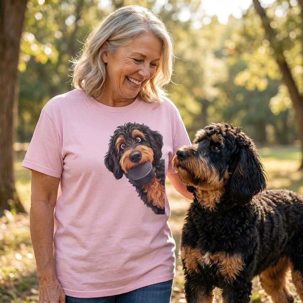 Phantom Goldendoodle Hockey Puck Signature T-Shirt in by Puppy Jo
