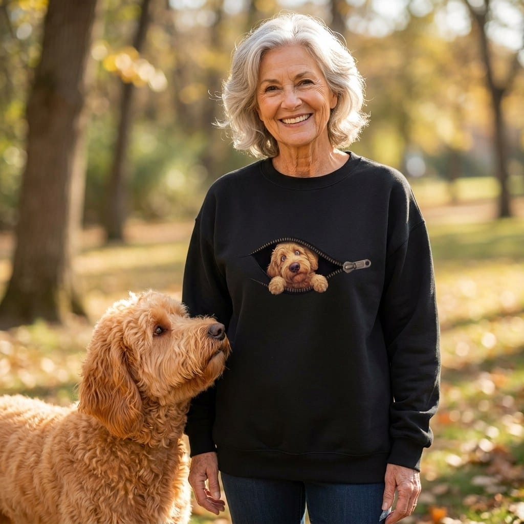 Apricot Goldendoodle Peeking Zipper Sweatshirt in by Puppy Jo