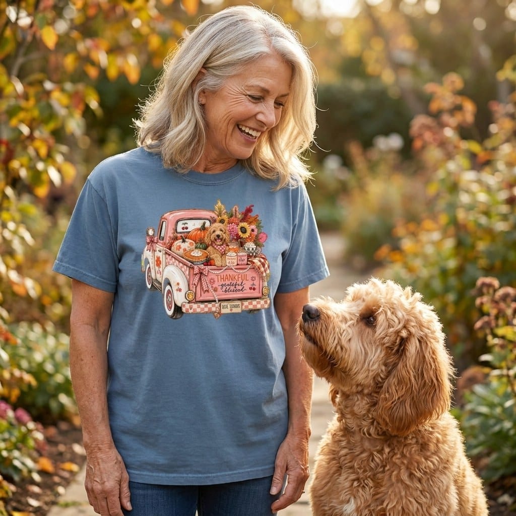 Apricot Goldendoodle Fall Truck Signature T-Shirt in by Puppy Jo