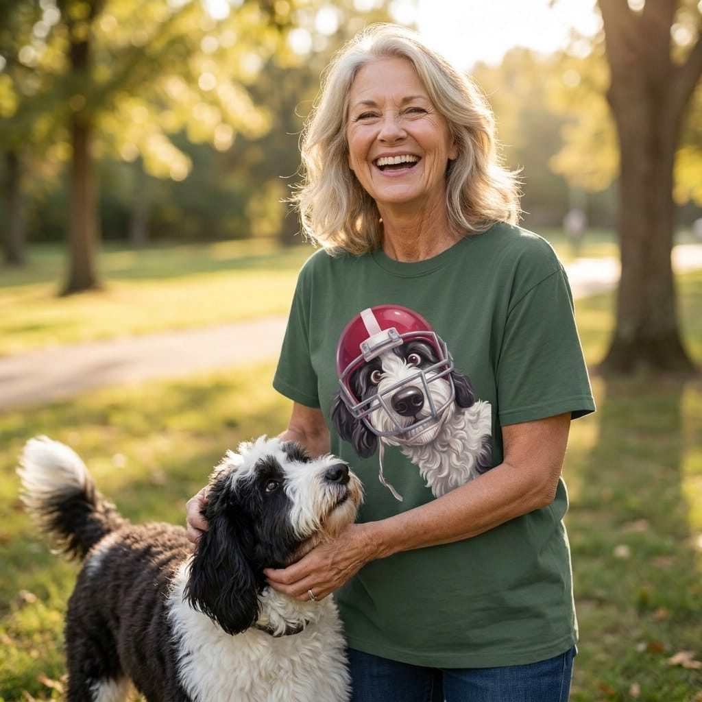 Sheepadoodle Football Helmet Signature T-Shirt in by Puppy Jo