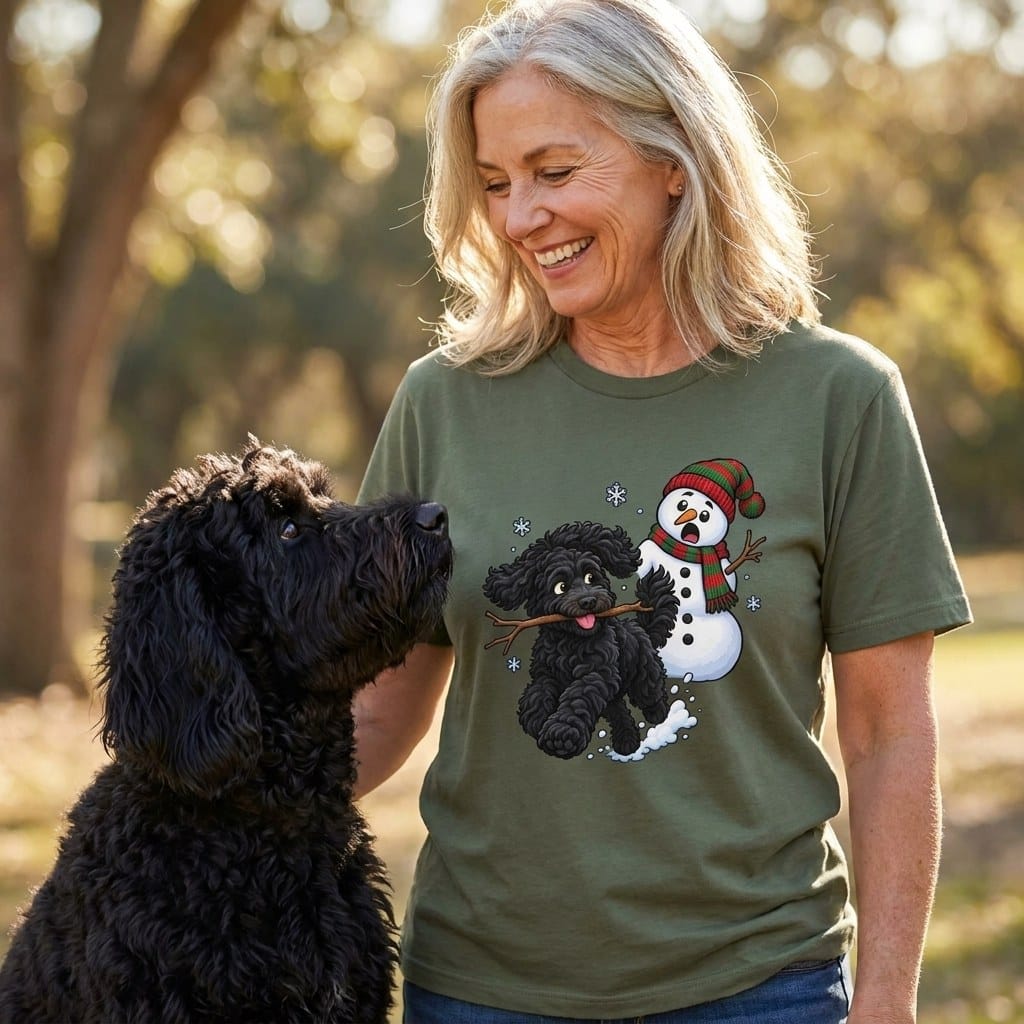 Black Goldendoodle Snowman T-Shirt in by Puppy Jo