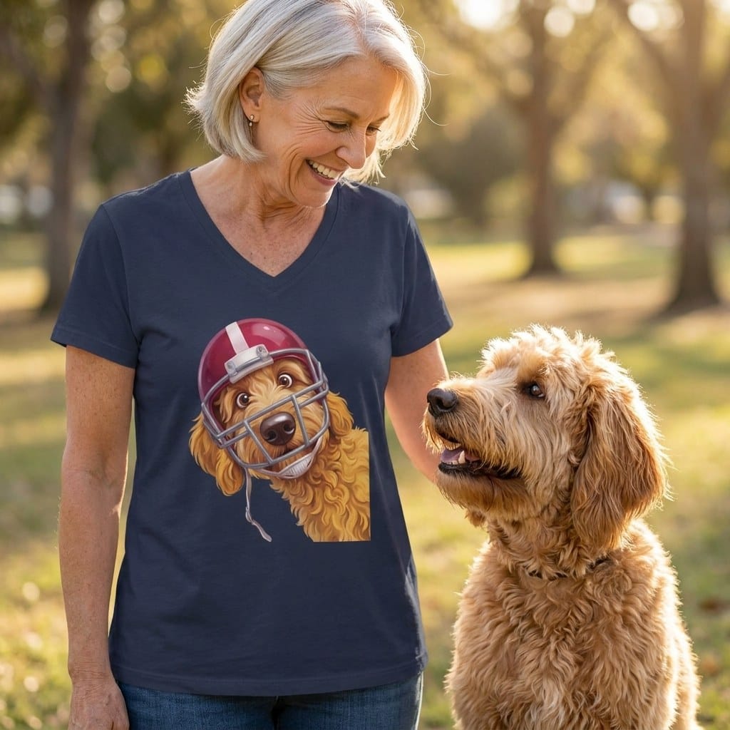 Golden Goldendoodle Football Helmet V-Neck T-Shirt in by Puppy Jo