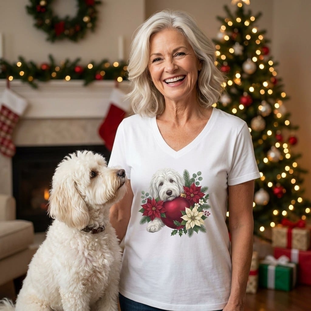 Maltipoo Holiday Cheer V-Neck T-Shirt in by Puppy Jo