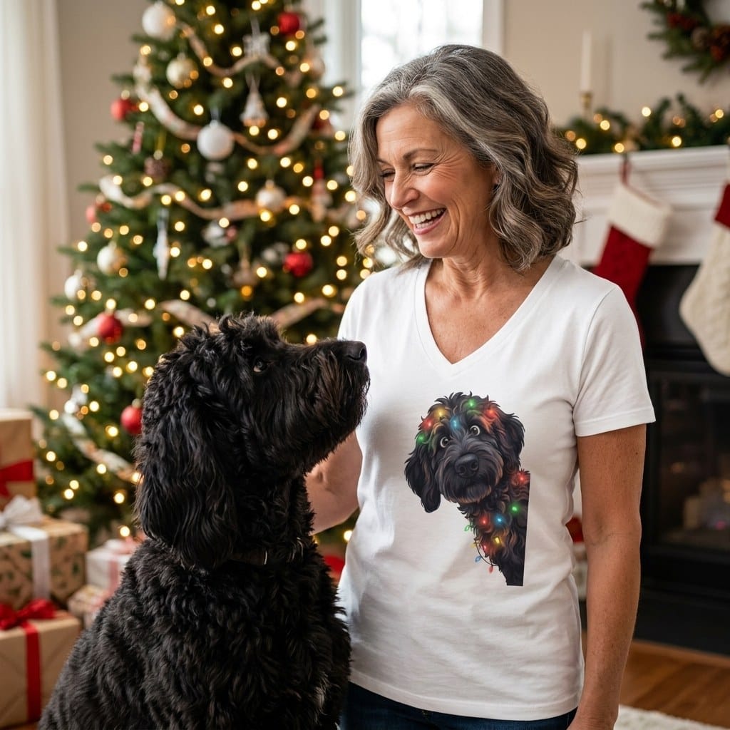 Peeking Black Goldendoodle Holiday V-Neck T-Shirt in by Puppy Jo