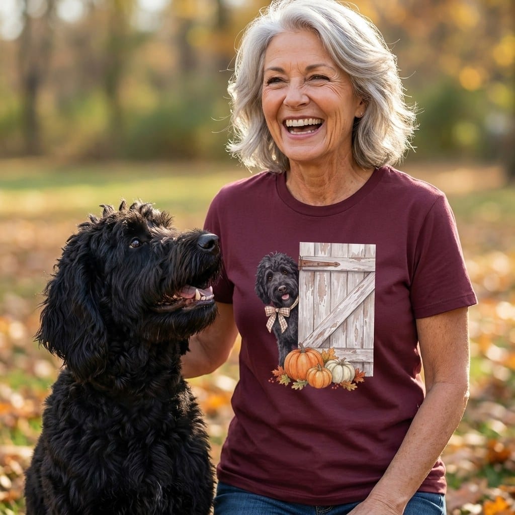 Black Goldendoodle Barn Peeking T-Shirt in by Puppy Jo