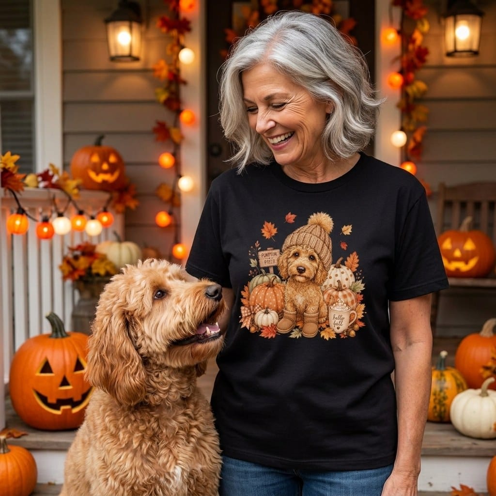 Apricot Goldendoodle Pumpkin Patch Signature T-Shirt in by Puppy Jo