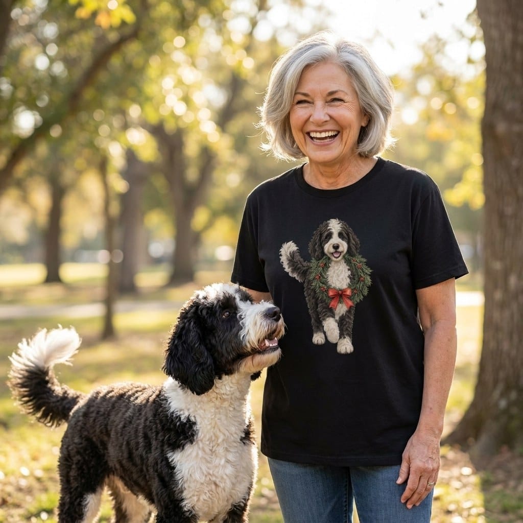 Sheepadoodle Wreath Signature T-Shirt in by Puppy Jo