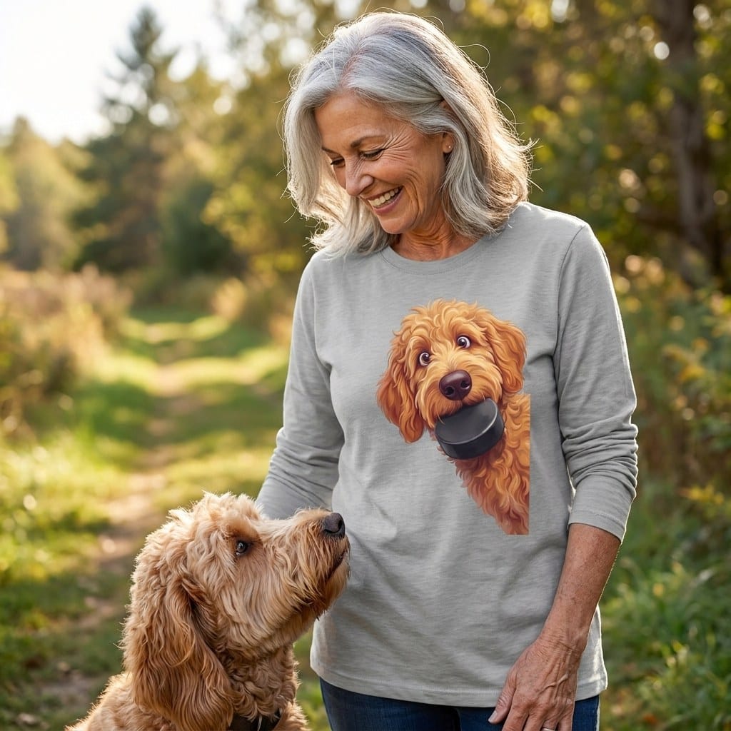 Apricot Goldendoodle Hockey Puck Long Sleeve T-Shirt in by Puppy Jo