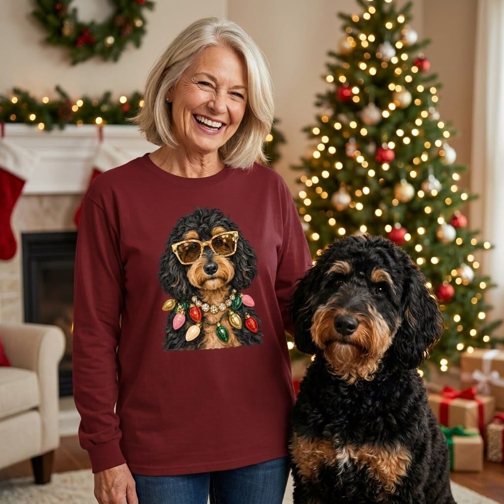Phantom Goldendoodle Christmas Glam Long Sleeve T-Shirt in by Puppy Jo