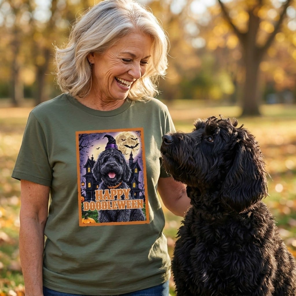Black Goldnedoodle Happy Doodleween T-Shirt in by Puppy Jo