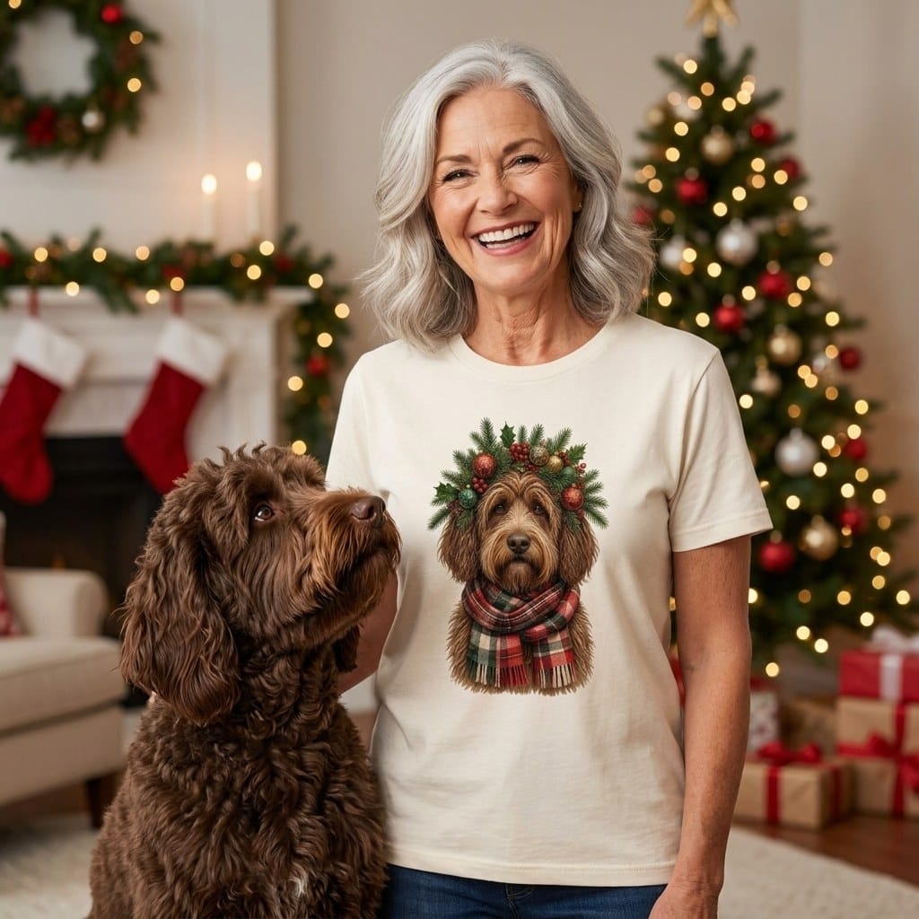 Chocolate Goldendoodle Holiday Crown T-Shirt in by Puppy Jo