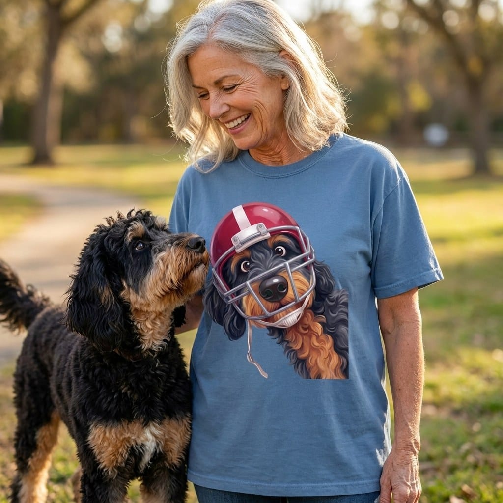 Phantom Goldendoodle Football Helmet Signature T-Shirt in by Puppy Jo