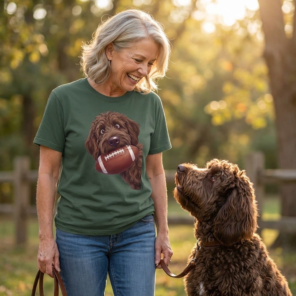 Chocolate Goldendoodle Football Signature T-Shirt in by Puppy Jo