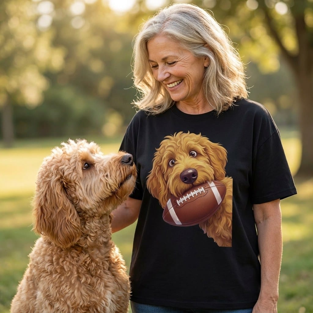 Apricot Goldendoodle Football Signature T-Shirt in by Puppy Jo