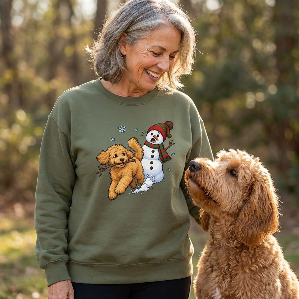 Apricot Goldendoodle Snowman Sweatshirt in by Puppy Jo