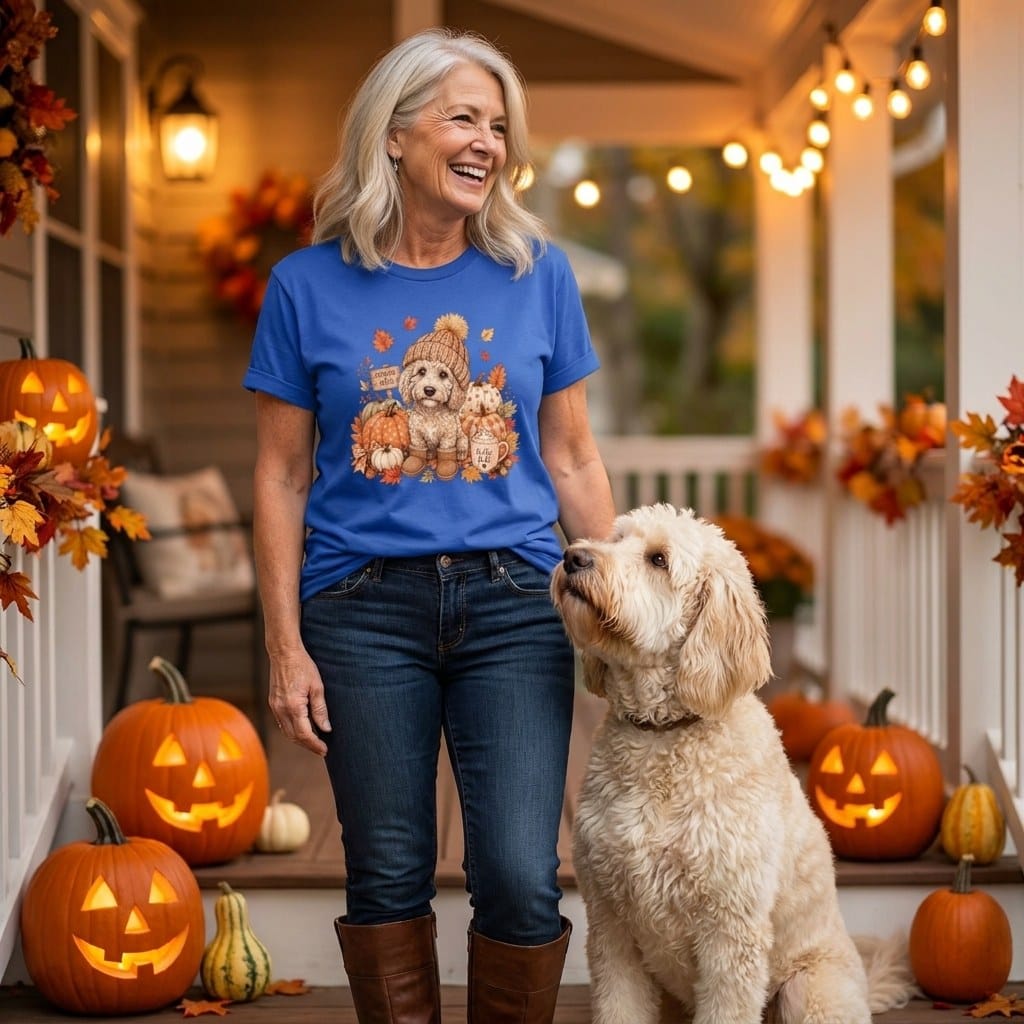 Cream Goldendoodle Pumpkin Patch T-Shirt in by Puppy Jo