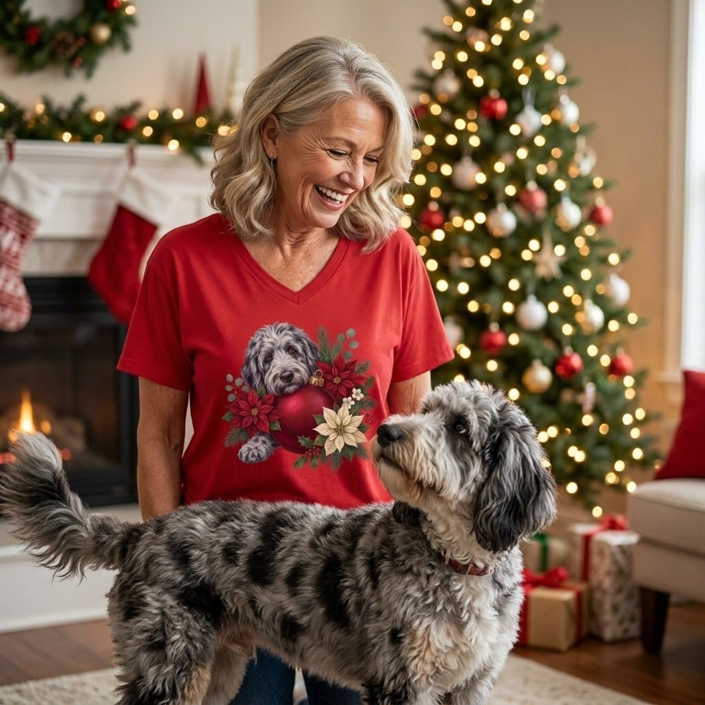 Merle Goldendoodle Holiday Cheer V-Neck T-Shirt in by Puppy Jo