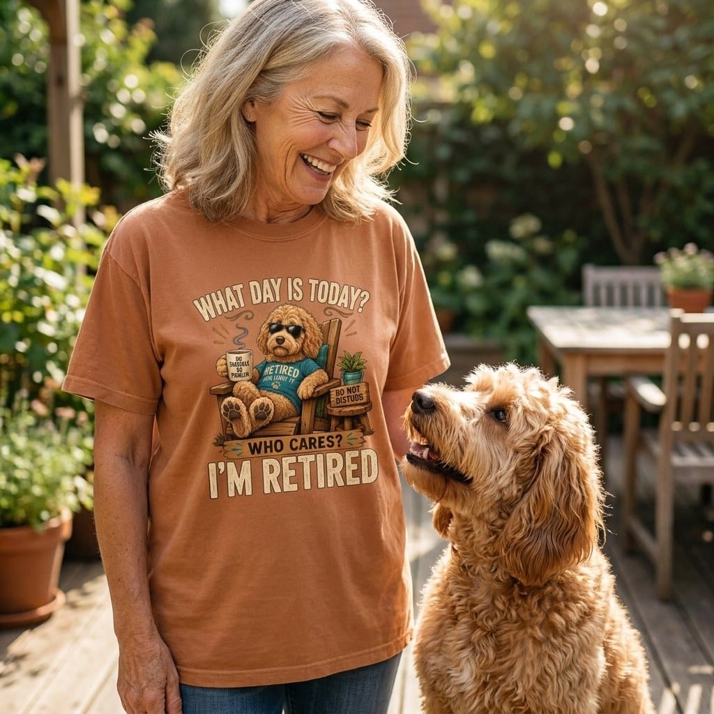 I'm Retired Apricot Goldendoodle Signature T-Shirt in by Puppy Jo