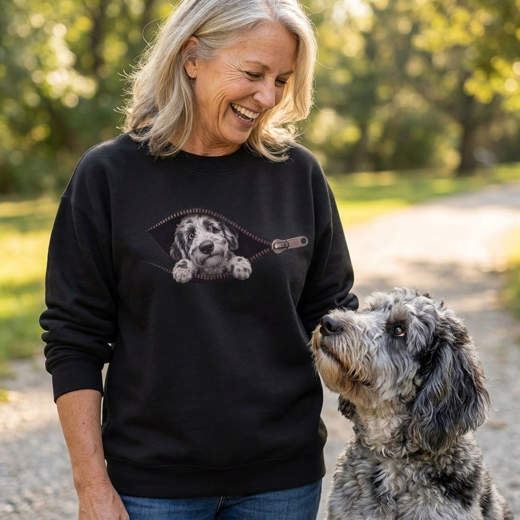Merle Goldendoodle Peeking Zipper Sweatshirt in by Puppy Jo