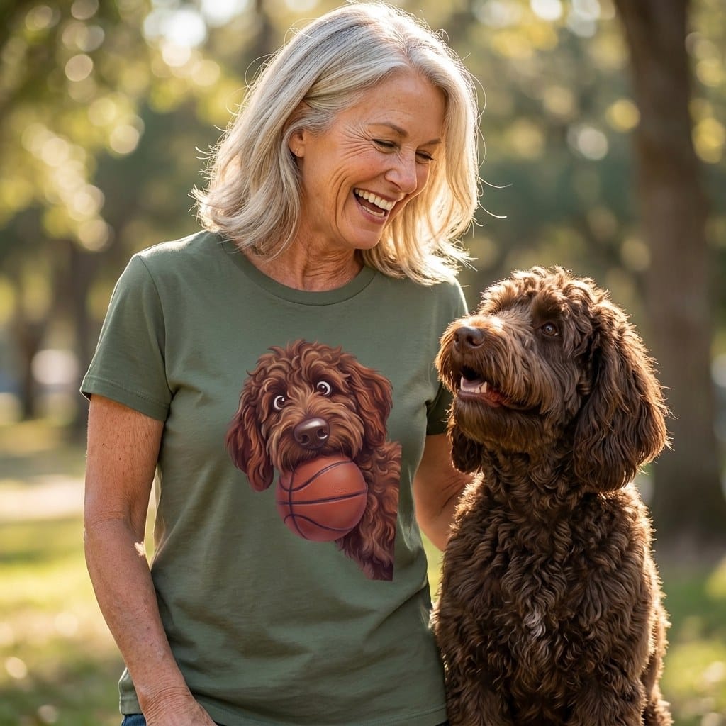 Chocolate Goldendoodle Basketball T-Shirt in by Puppy Jo