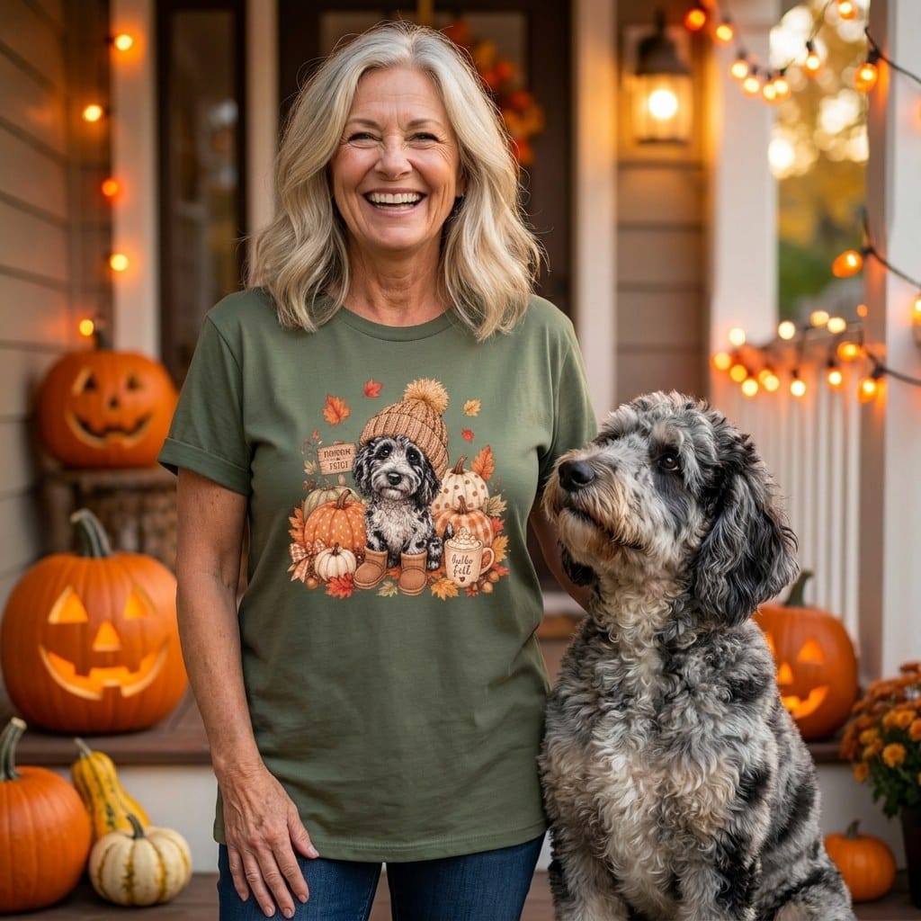 Merle Goldendoodle Pumpkin Patch T-Shirt in by Puppy Jo