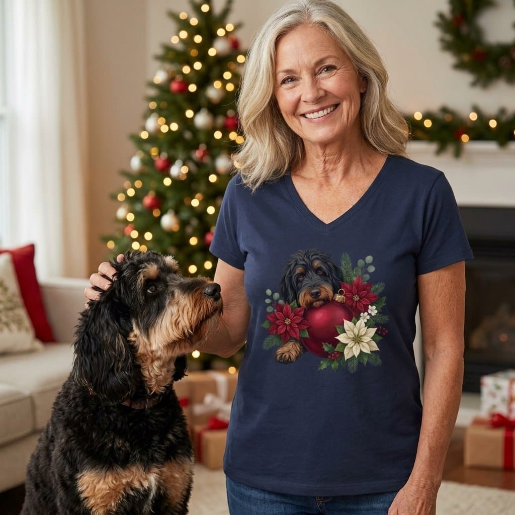 Phantom Goldendoodle Holiday Cheer V-Neck T-Shirt in by Puppy Jo
