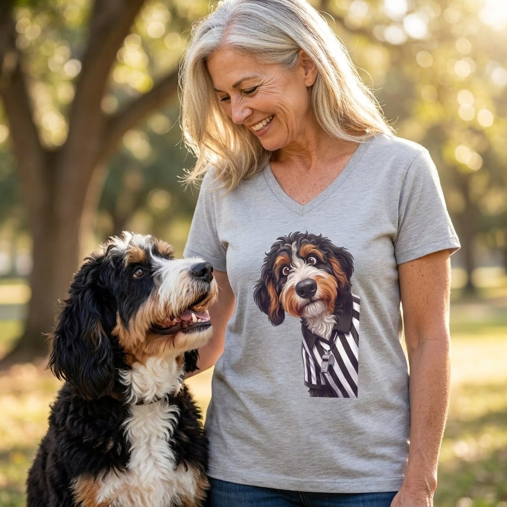 Bernedoodle Football Referee V-Neck T-Shirt in by Puppy Jo