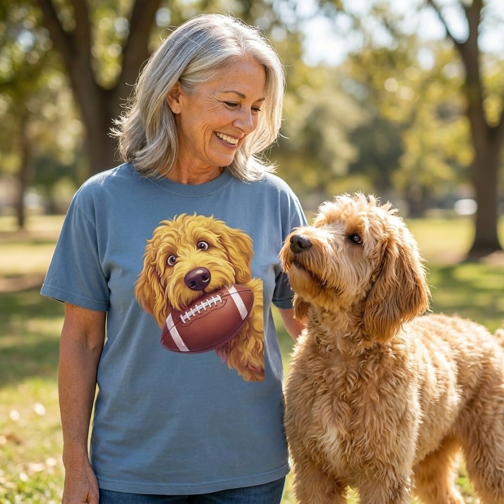 Golden Goldendoodle Football Signature T-Shirt in by Puppy Jo