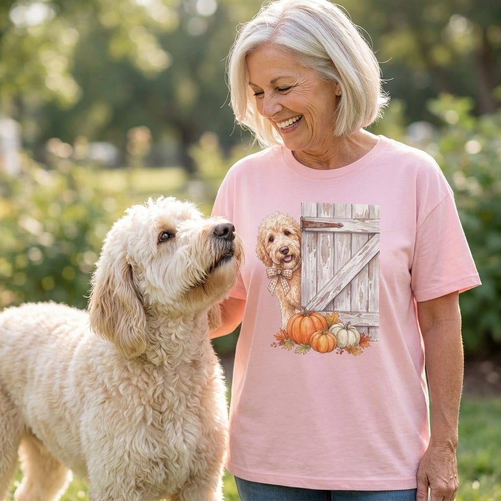 Cream Goldendoodle Barn Peeking T-Shirt in by Puppy Jo