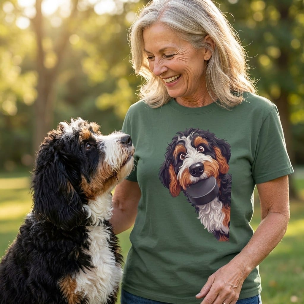 Bernedoodle Hockey Puck Signature T-Shirt in by Puppy Jo