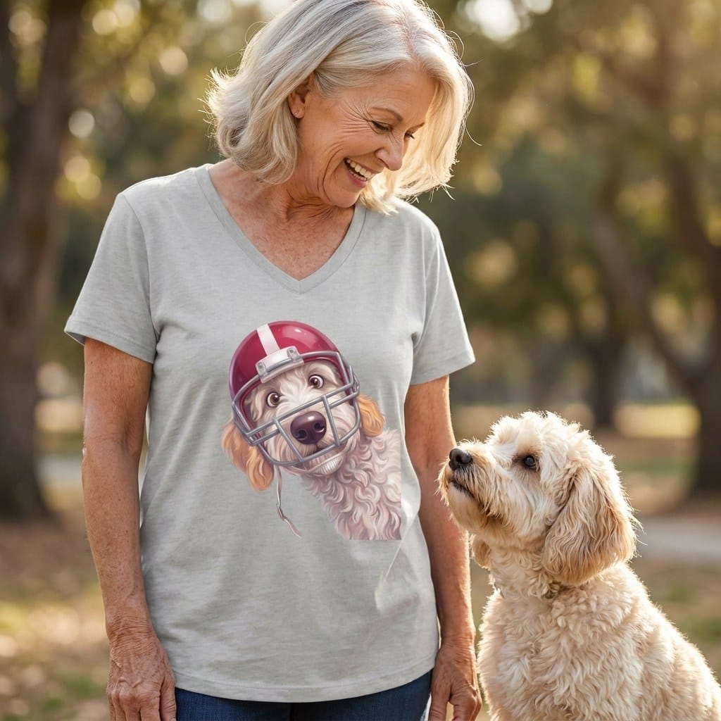 Maltipoo Football Helmet V-Neck T-Shirt in by Puppy Jo