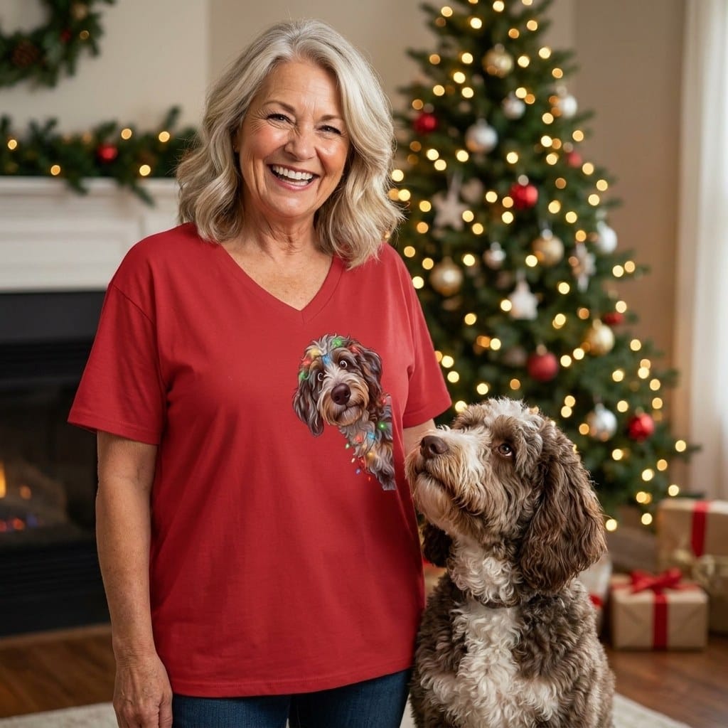 Peeking Aussiedoodle Holiday V-Neck T-Shirt in by Puppy Jo