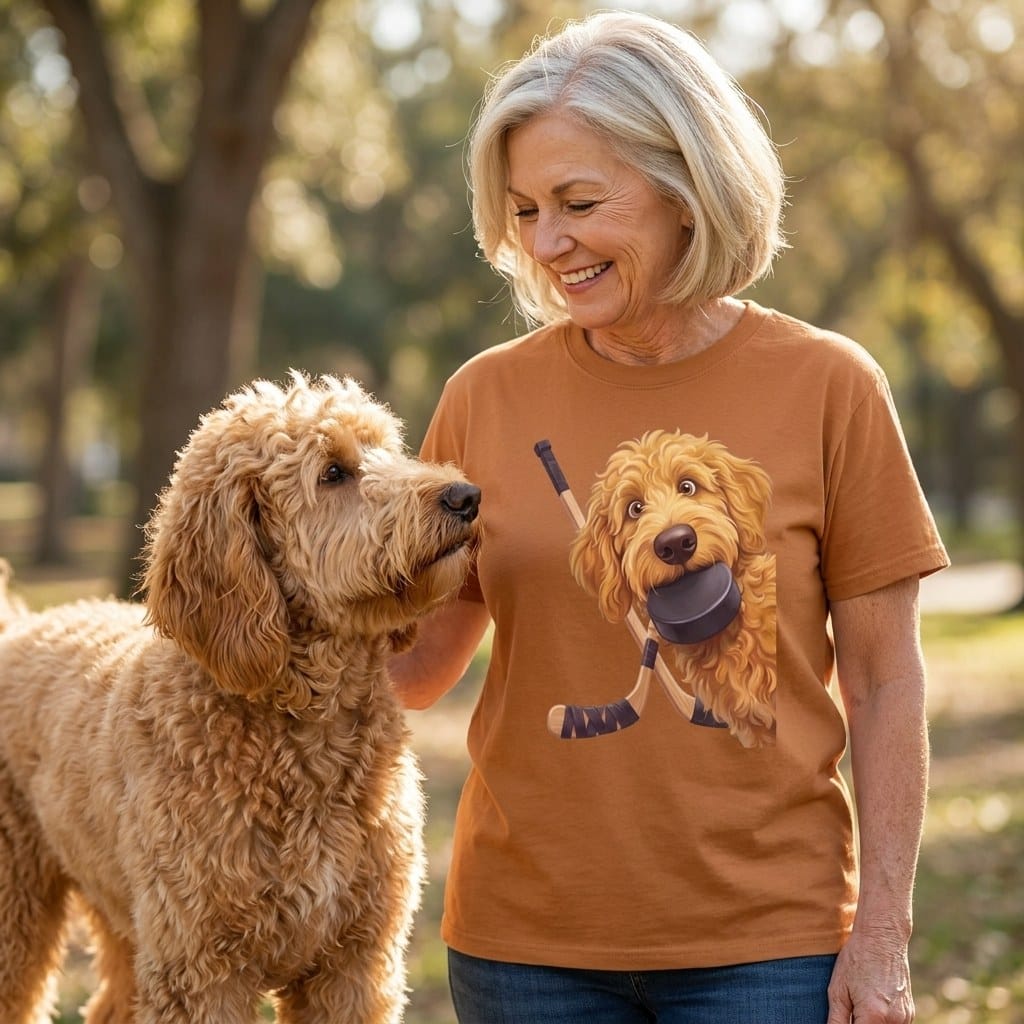 Golden Goldendoodle Hockey Signature T-Shirt in by Puppy Jo