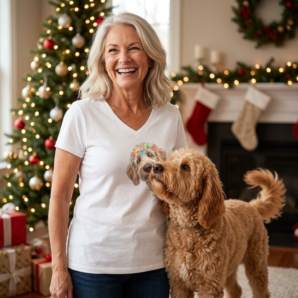 Peeking Apricot Goldendoodle Holiday V-Neck T-Shirt in by Puppy Jo
