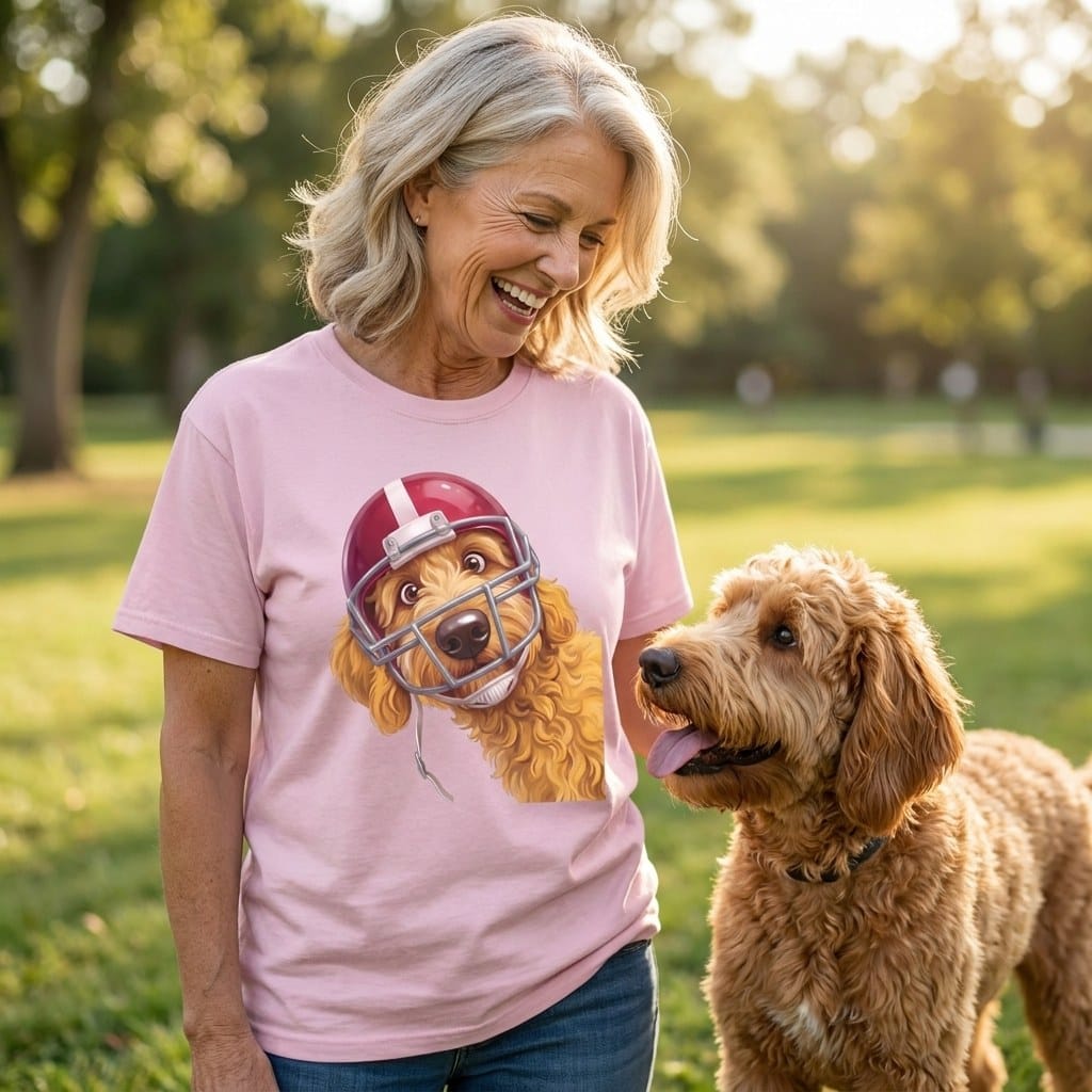 Golden Goldendoodle Football Helmet Signature T-Shirt in by Puppy Jo