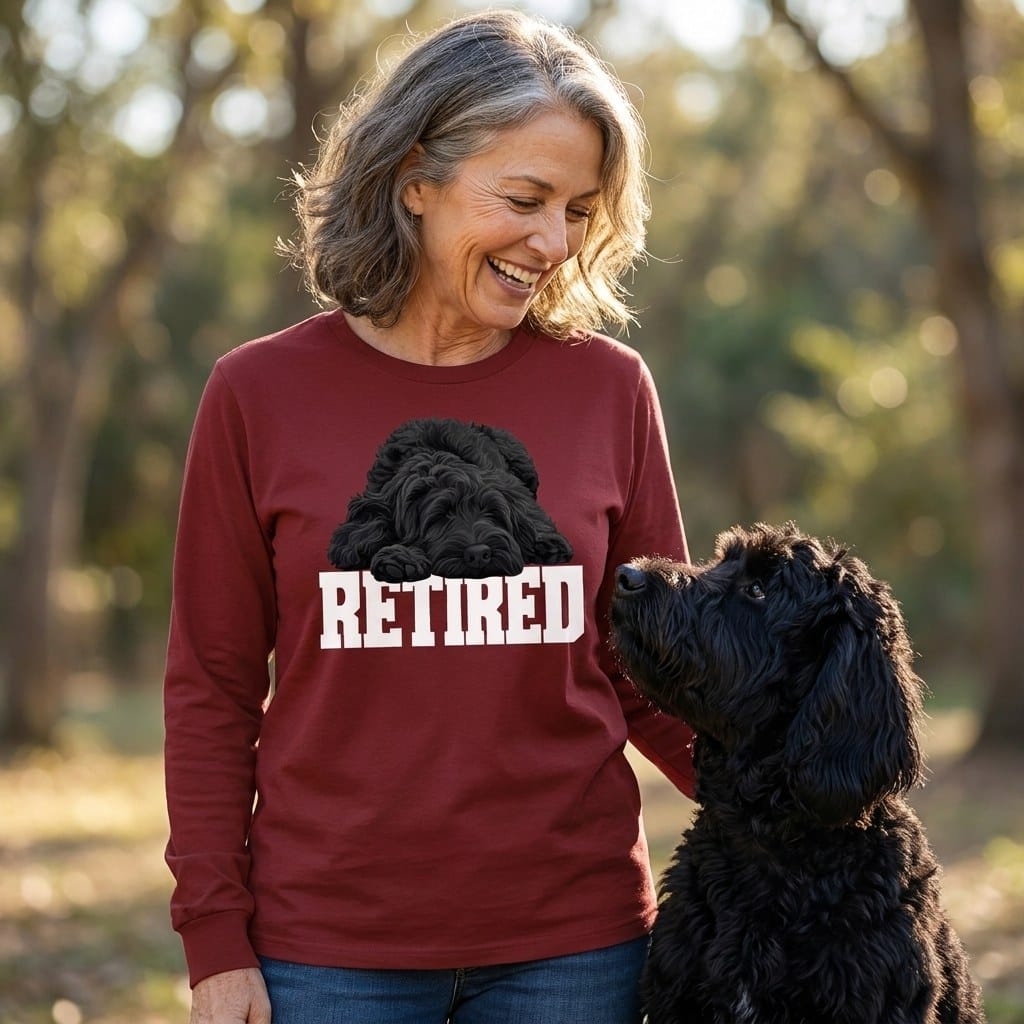 Retired Sleeping Black Goldendoodle Long Sleeve T-Shirt in by Puppy Jo