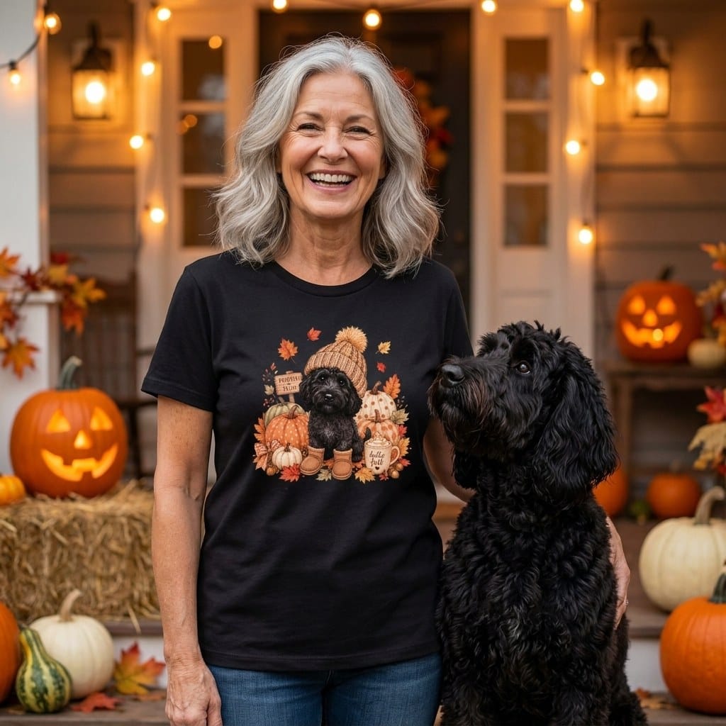 Black Goldendoodle Pumpkin Patch T-Shirt in by Puppy Jo