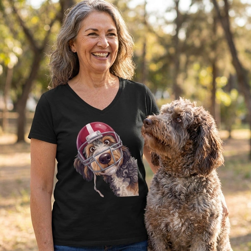 Aussiedoodle Football Helmet V-Neck T-Shirt in by Puppy Jo