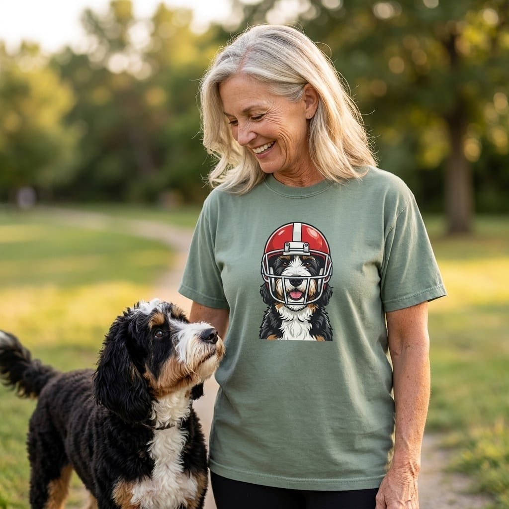 Bernedoodle Football Helmet Signature T-Shirt in by Puppy Jo